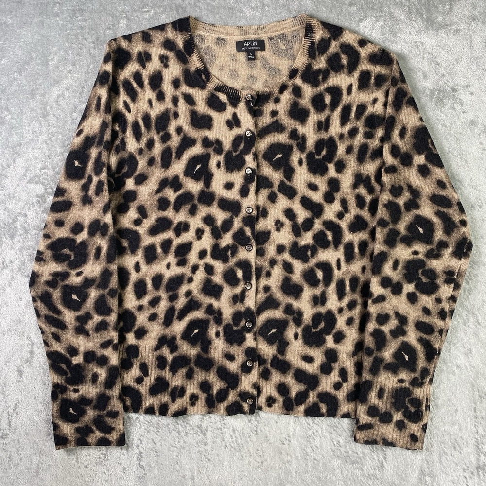 Apt 9 Cardigan Womens Size L Tan Black Leopard Print‎ 100% Cashmere Sweater Crew